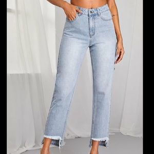 Cutout Back Raw Trim Stepped Hem Jeans